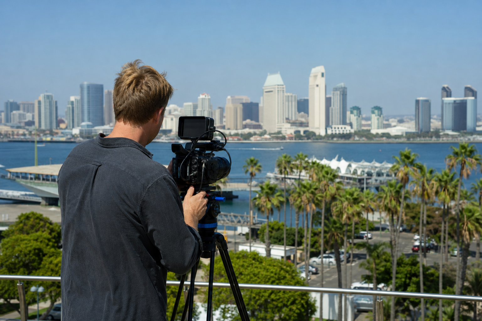 Videographer filming establishing b-roll of a city skyline