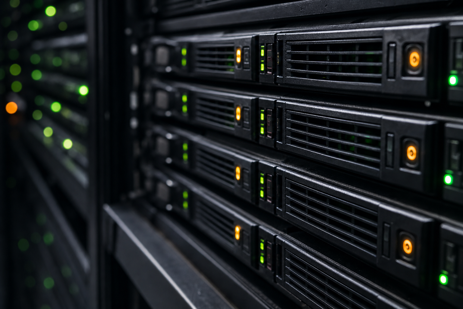 Close-up of a hard drive array used for footage archival