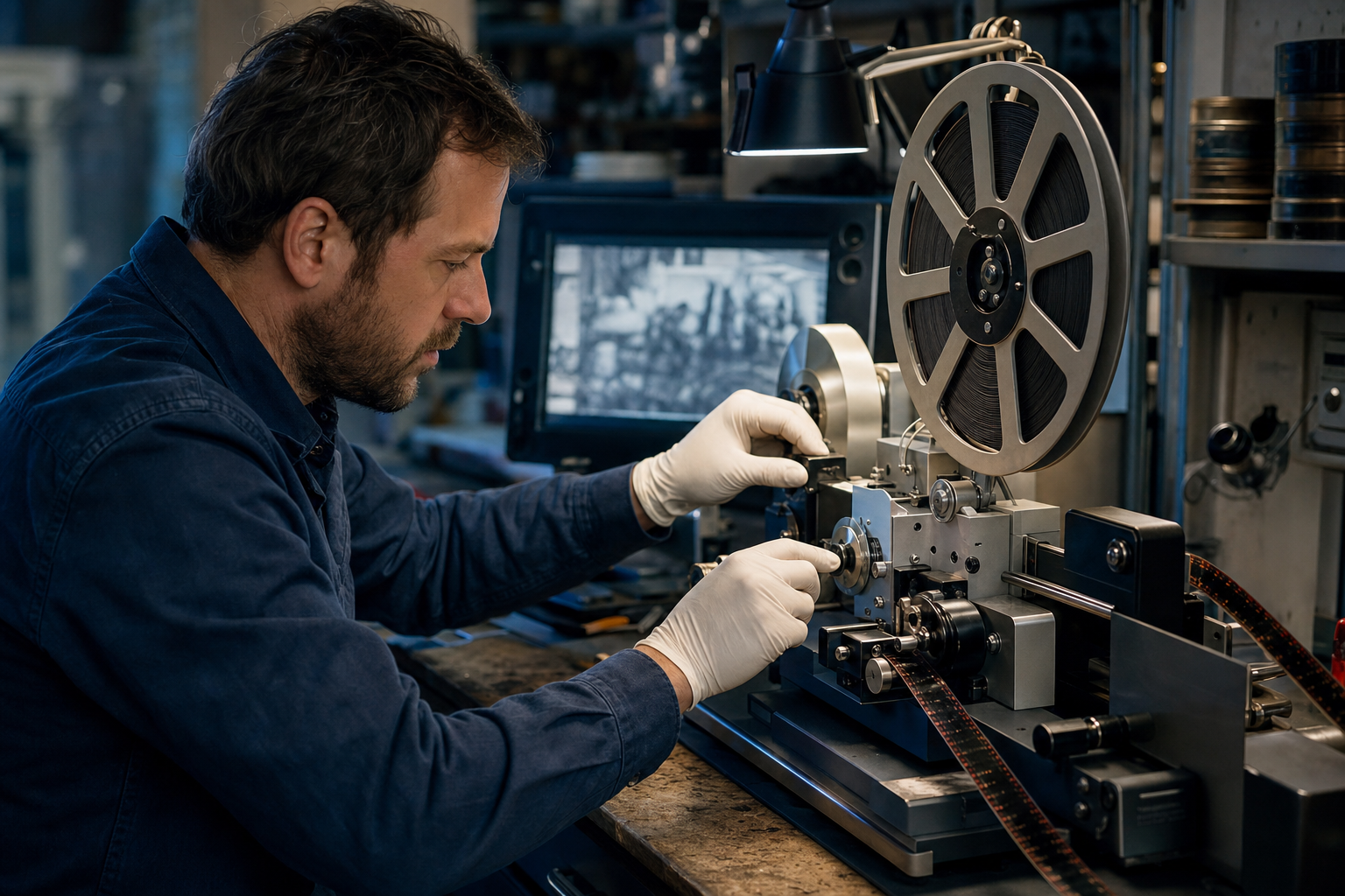 Technician digitizing old film reels with specialized scanning equipment