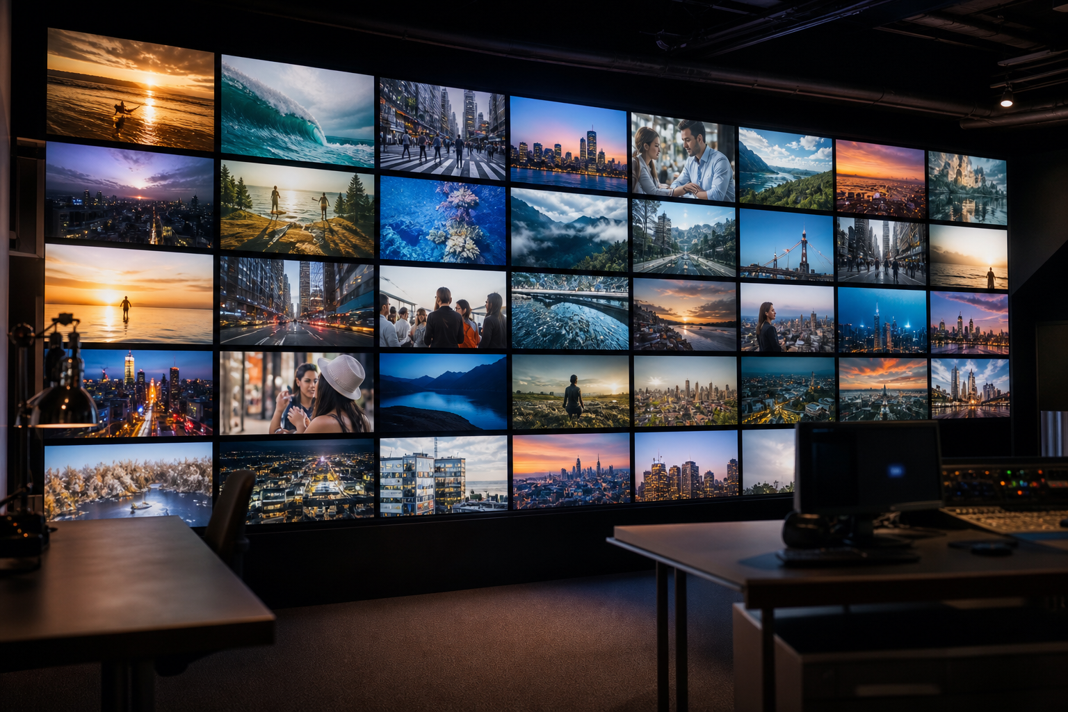 Wall of monitors displaying various stock footage clips