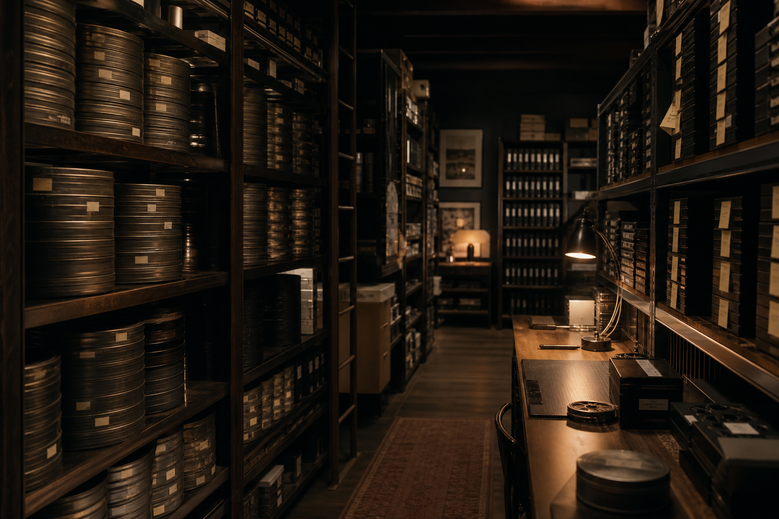 Archive room with labeled film reels and hard drives on shelves at Footage & Reel Archive Co. in San Diego